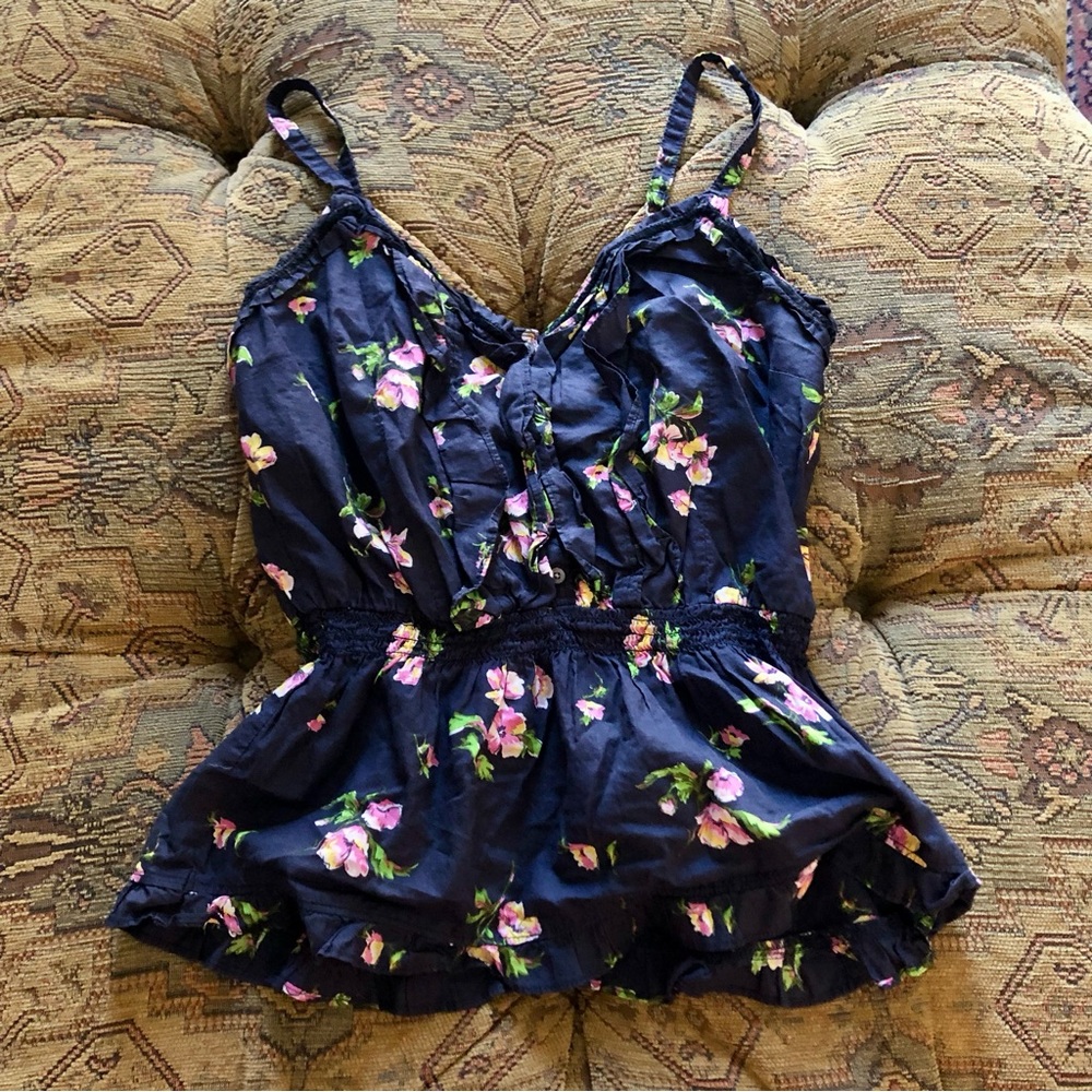 Hollister Spaghetti Strap Tank Size L *runs small* Navy Floral Smocked Waist